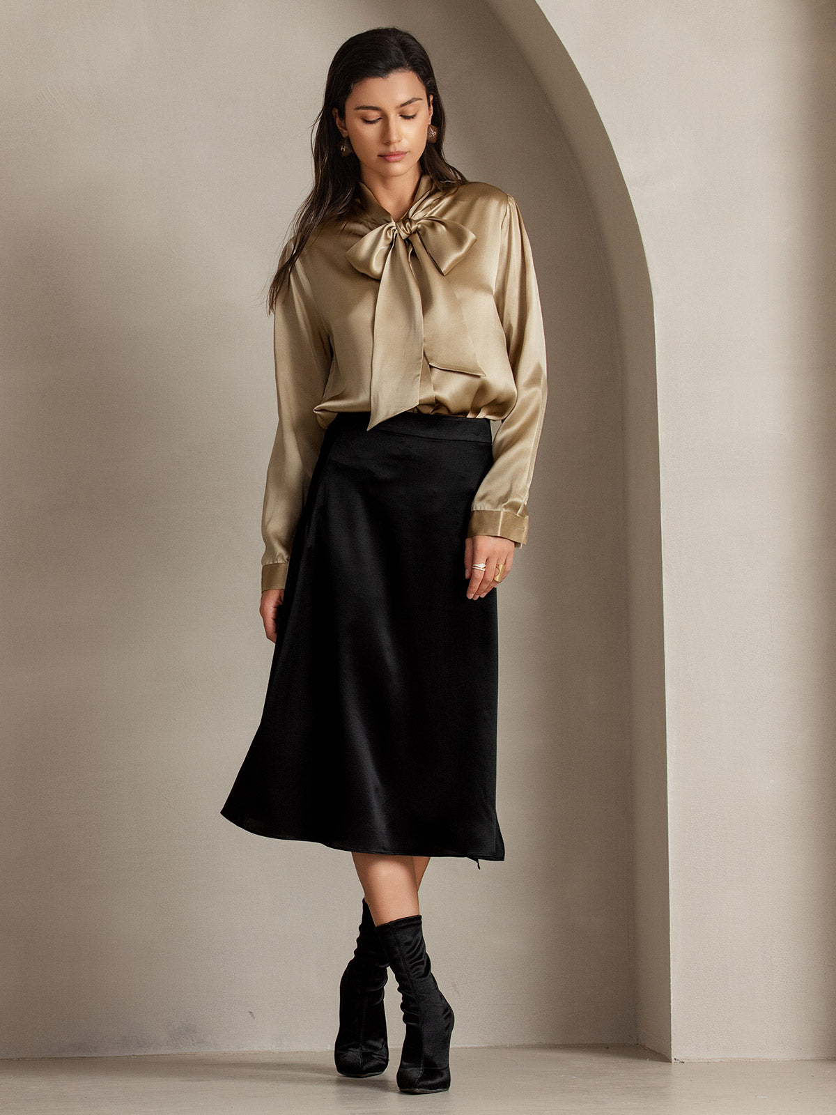 [Samppanja] SilkSilky-FI 19Momme Silk Long Sleeve Tie Neck Naisten paita 006