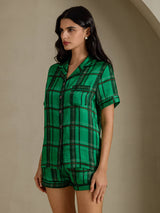 [Vihreä Ruudullinen] SilkSilky-FI Short Sleeve Notch Collar Naisten Pyjamat 003