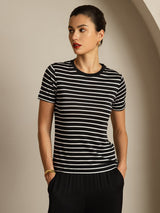 [Musta Raita] SilkSilky-FI Short Sleeve Crew Neck Naisten T-paita 001