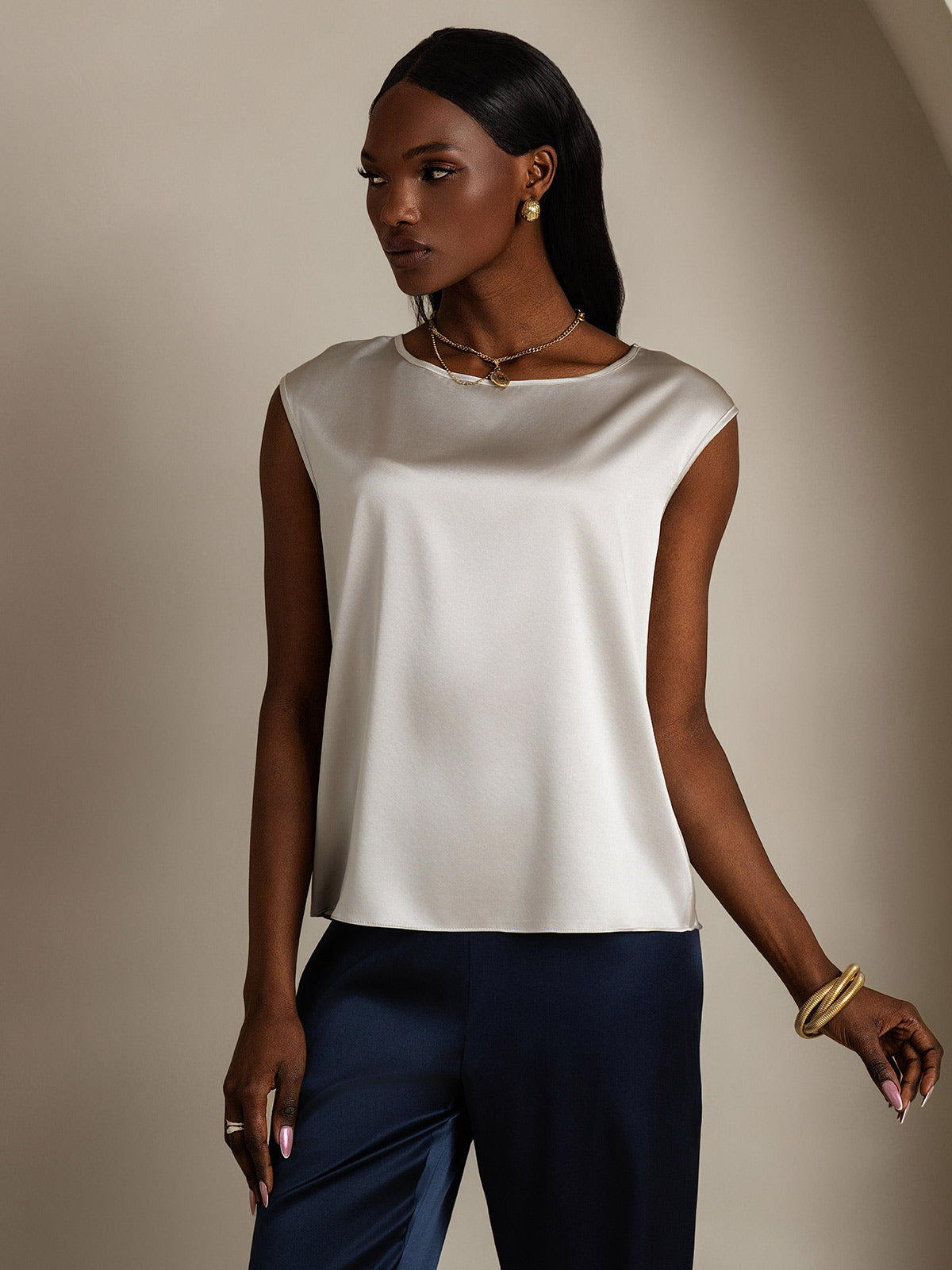 [Vaalean Harmaa] SilkSilky-FI 19Momme Womens T-Shirt 004