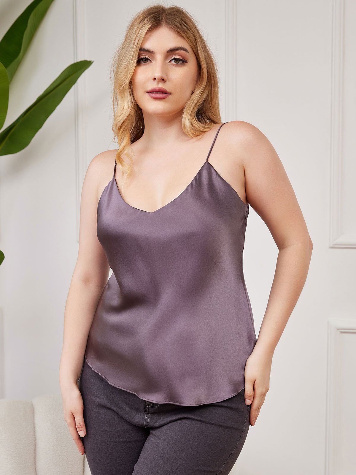 SilkSilky FI Pure Silk Deep V Neck Plus koon Camisole Top Purppuranharmaa 003