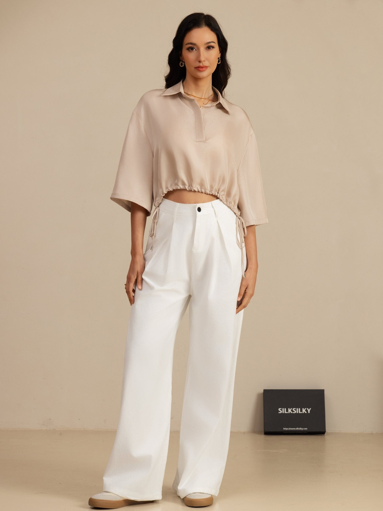 [Tan] SilkSilky-FI 18Momme Puolihiha Kauluskäänne Pusero 006