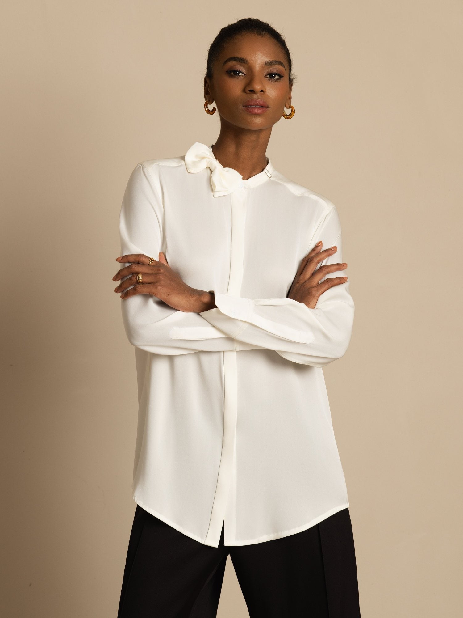 [Valkoinen] SilkSilky-FI 19Momme Silkki Pitkähihainen Pystykaulus Pusero 003