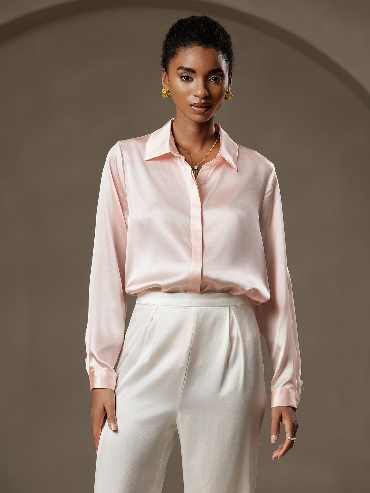 [Pinkki] SilkSilky-FI 19Momme Lapel Collar Naisten paita 005