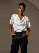 [Valkoinen] SilkSilky-FI Short Sleeve Cowl Neck Naisten Puserot 001