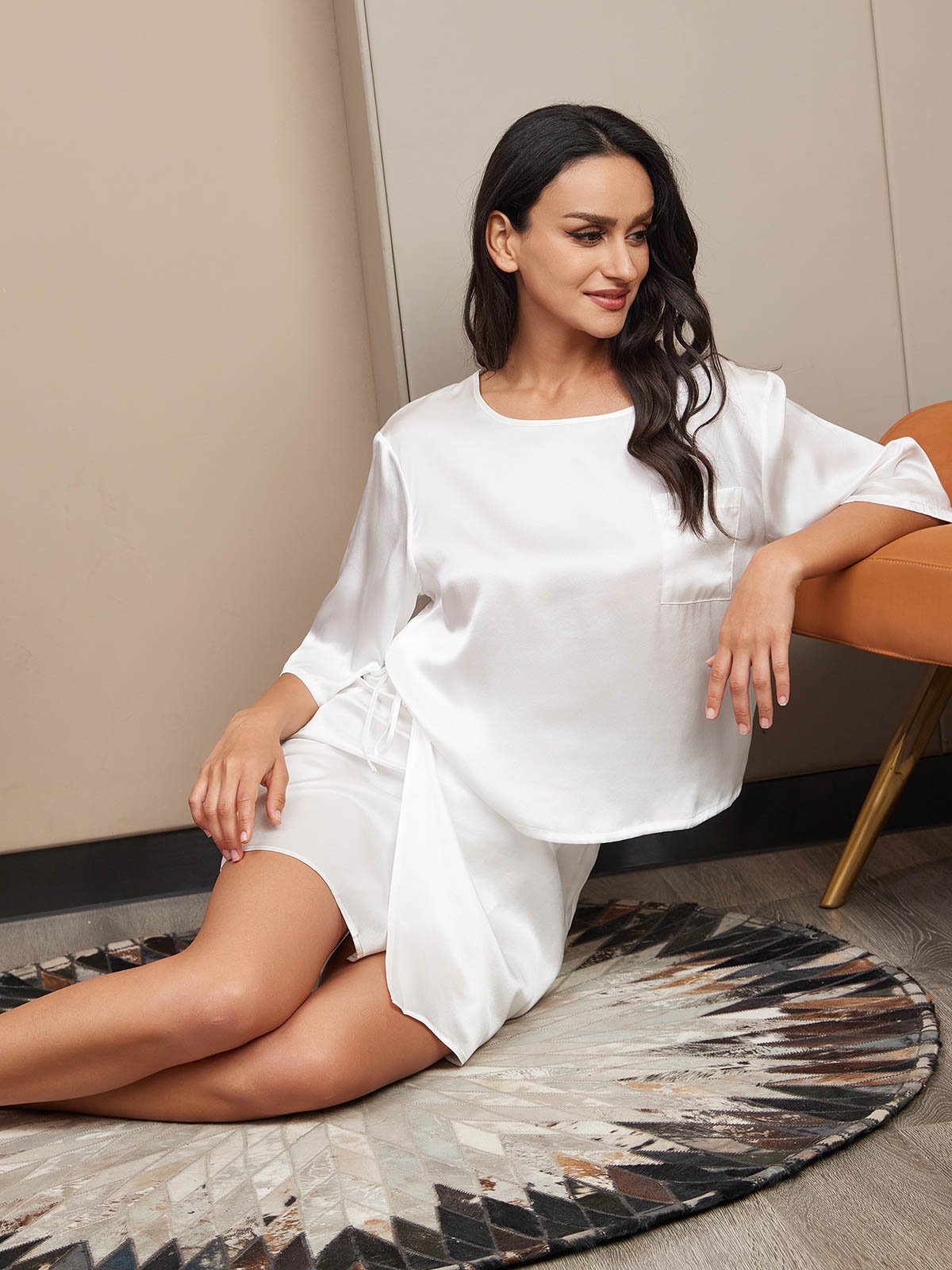 [Valkoinen] SilkSilky-FI Pure Silk Half Sleeve Womens Pajamas 004
