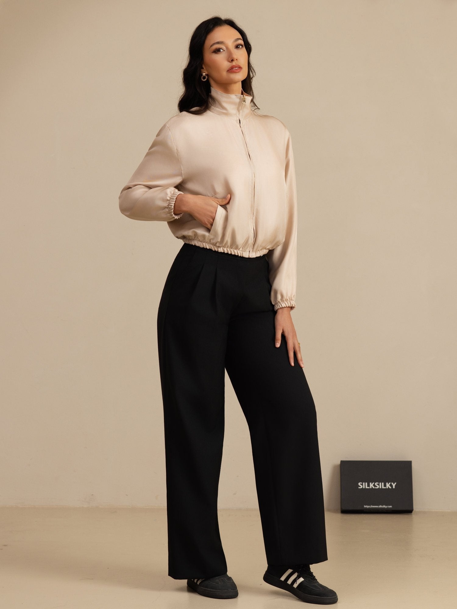 [Tan+Pinkki] SilkSilky-FI 18Momme Pitkähihainen Pystykaulus Naisten Päällysvaatteet 008