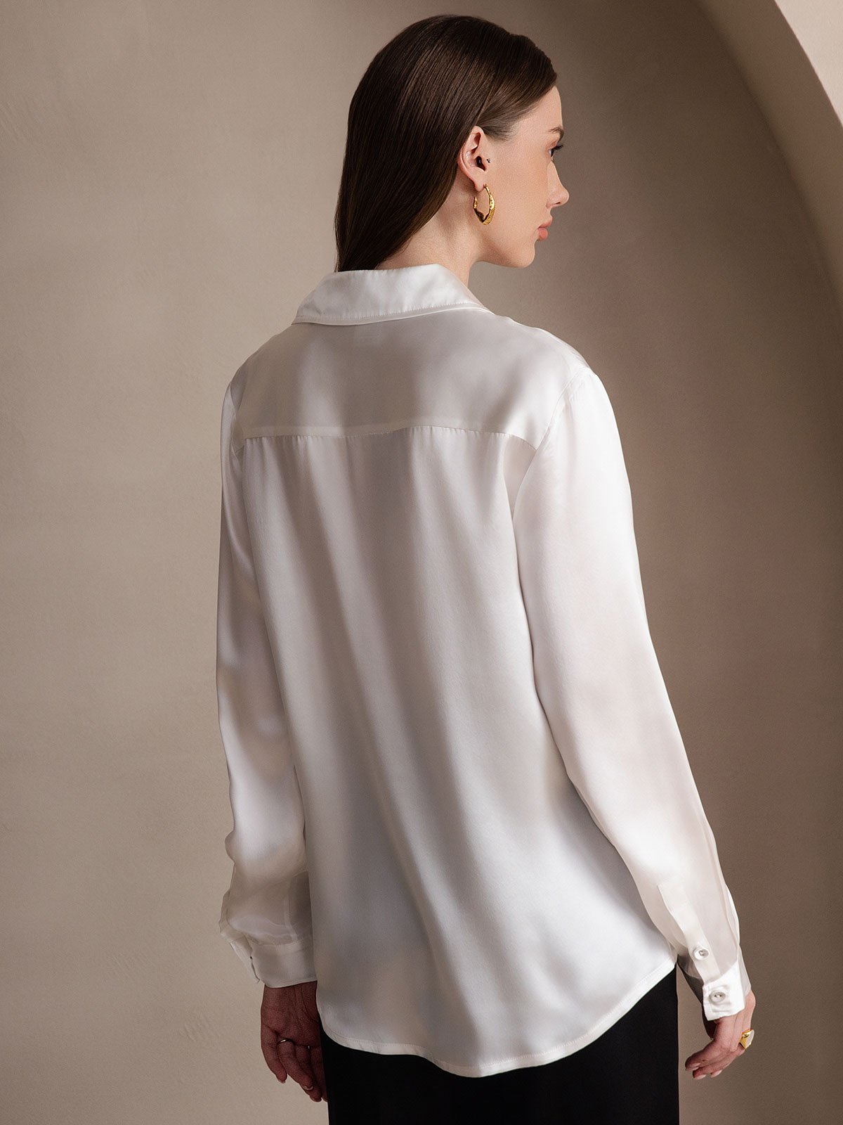 [Valkoinen] SilkSilky-FI 19Momme Silk Long Sleeve Collar Naisten paita 002