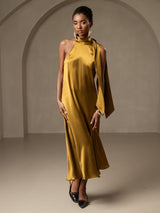 [Ruskea] SilkSilky-FI Sleeveless Tie Neck Mekko 006