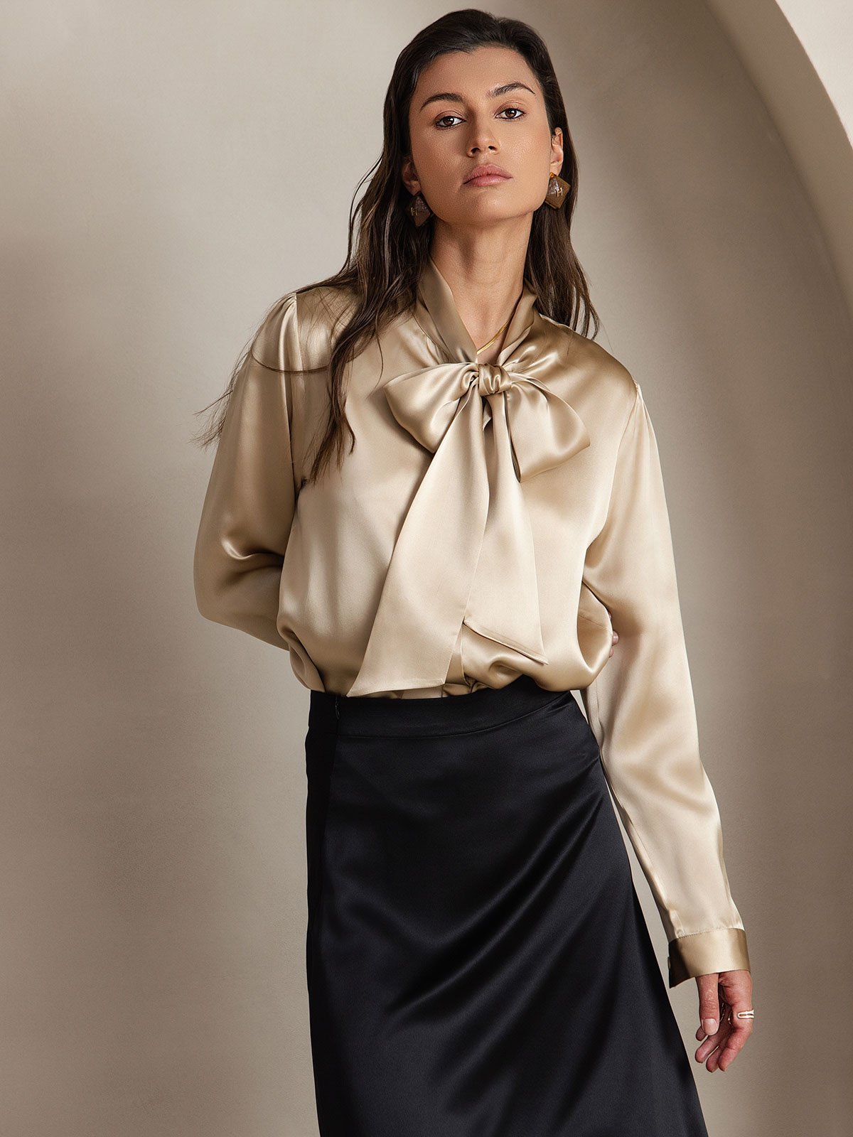 [Samppanja] SilkSilky-FI 19Momme Silk Long Sleeve Tie Neck Naisten paita 003