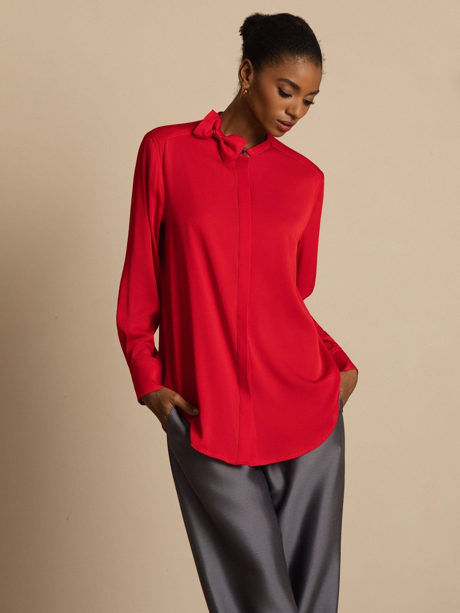 [Viini] SilkSilky-FI 19Momme Silkki Pitkähihainen Pystykaulus Pusero 005