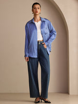 [Sininen Liituraita] SilkSilky-FI Long Sleeve Lapel Collar Naisten paita 007