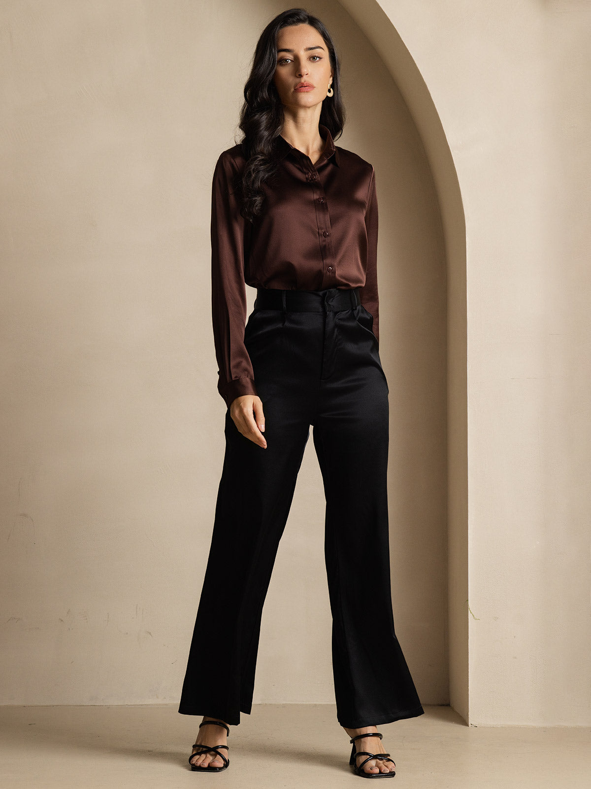 [Kahvi] SilkSilky-FI 19Momme Silk Long Sleeve Collar Naisten paita 009