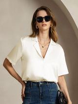 [Norsunluu] SilkSilky-FI Short Sleeve Notkokaulus Naisten paita 003