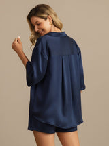 [Tummansininen] SilkSilky-FI 19Momme Puolihiha Notkokaulus Naisten Pyjamat 002