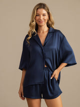 [Tummansininen] SilkSilky-FI 19Momme Puolihiha Notkokaulus Naisten Pyjamat 006