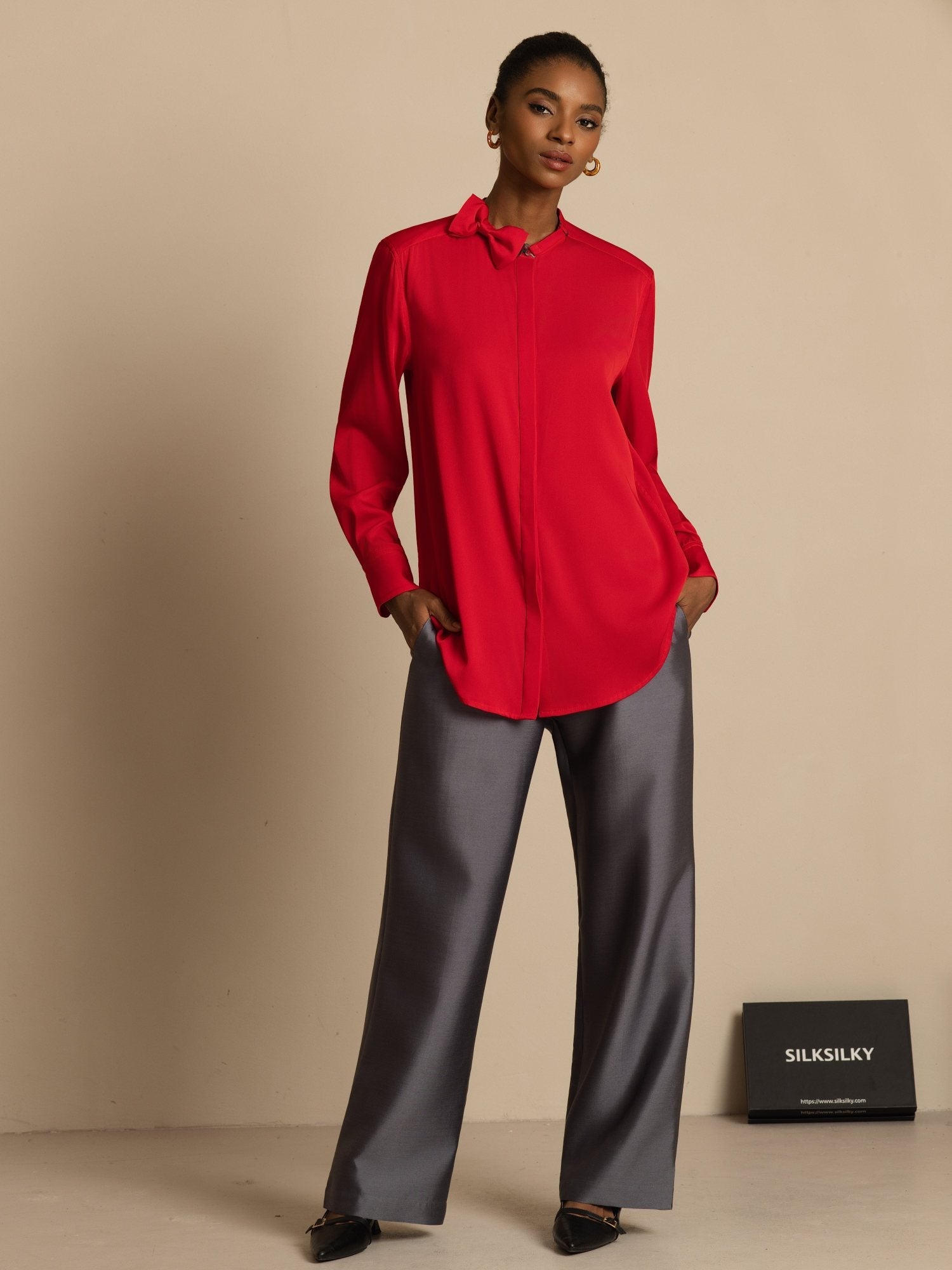 [Viini] SilkSilky-FI 19Momme Silkki Pitkähihainen Pystykaulus Pusero 007