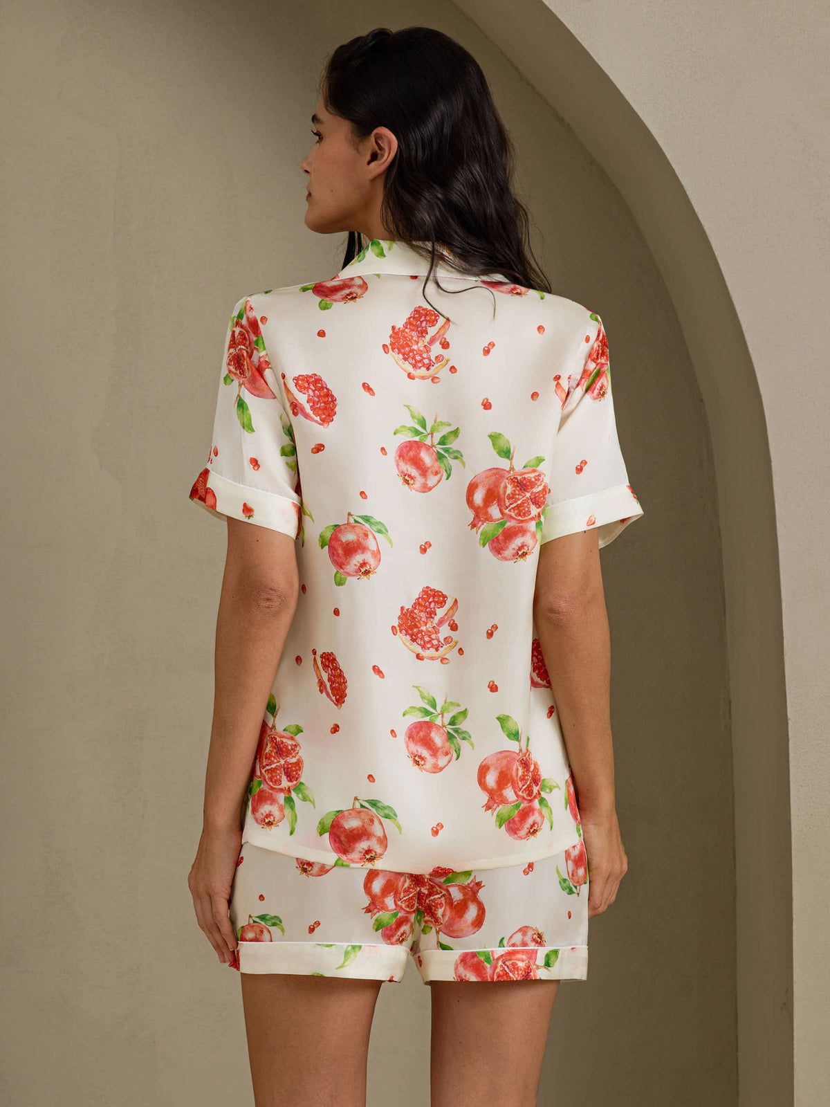 [Valkoinen Granaattiomena] SilkSilky-FI Short Sleeve Notch Collar Naisten Pyjamat 002