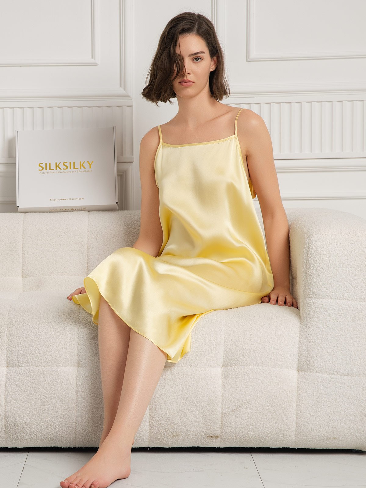 [Vaaleankeltainen] SilkSilky-FI 19Momme Silk Sleeveless Dress 006