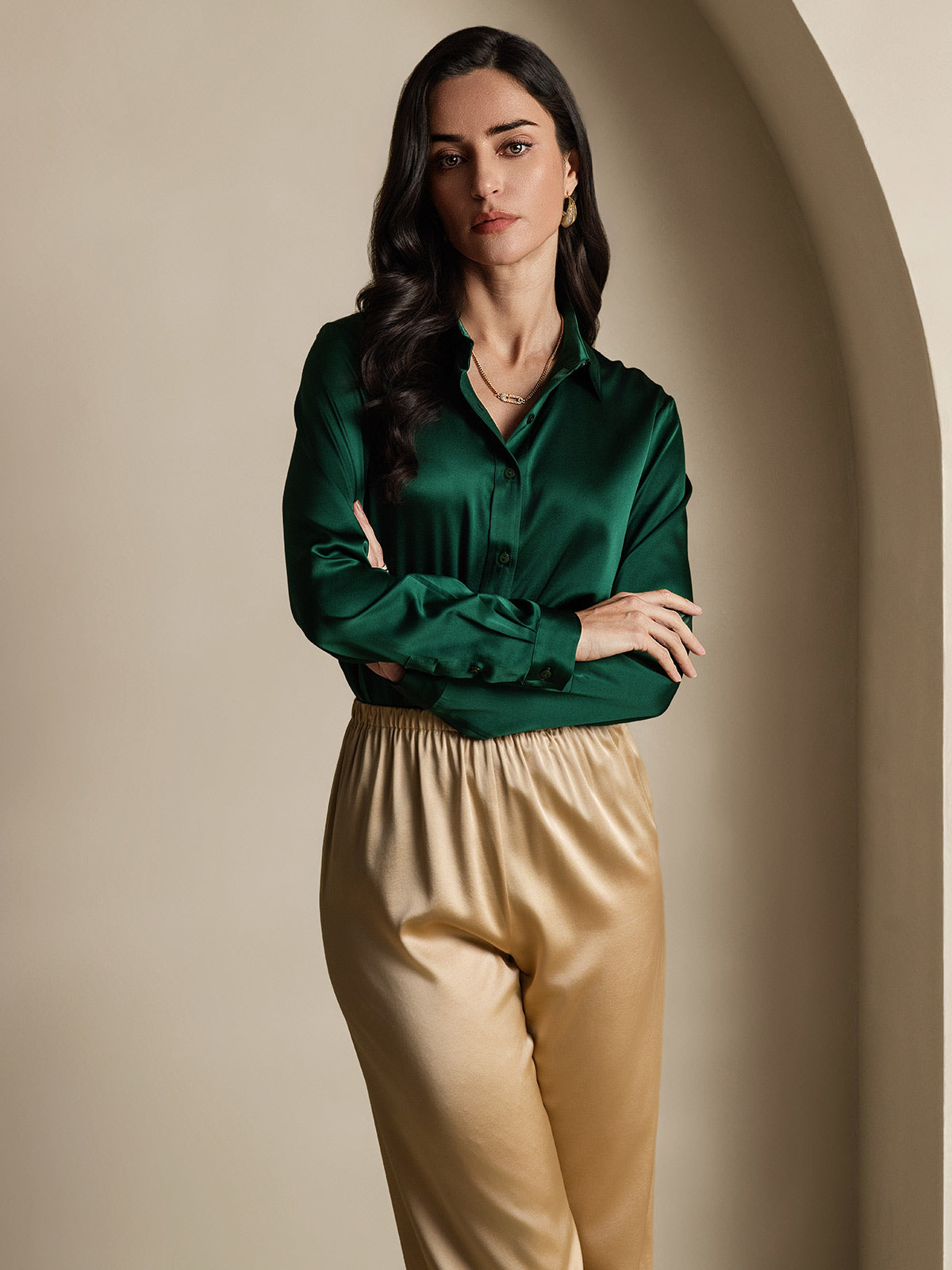 [Tummanvihreä] SilkSilky-FI 19Momme Silk Long Sleeve Collar Naisten paita 007