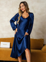 [Tummansininen] SilkSilky-FI Long Sleeve V Neck Yöpaita ja Aamutakkisetti 001