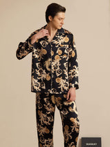 [Musta Lohikäärme] SilkSilky-FI Long Sleeve Notkokaulus Miesten Pyjamat 003