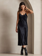 [Musta] SilkSilky-FI Spaghetti Strap V Neck Mekko 006