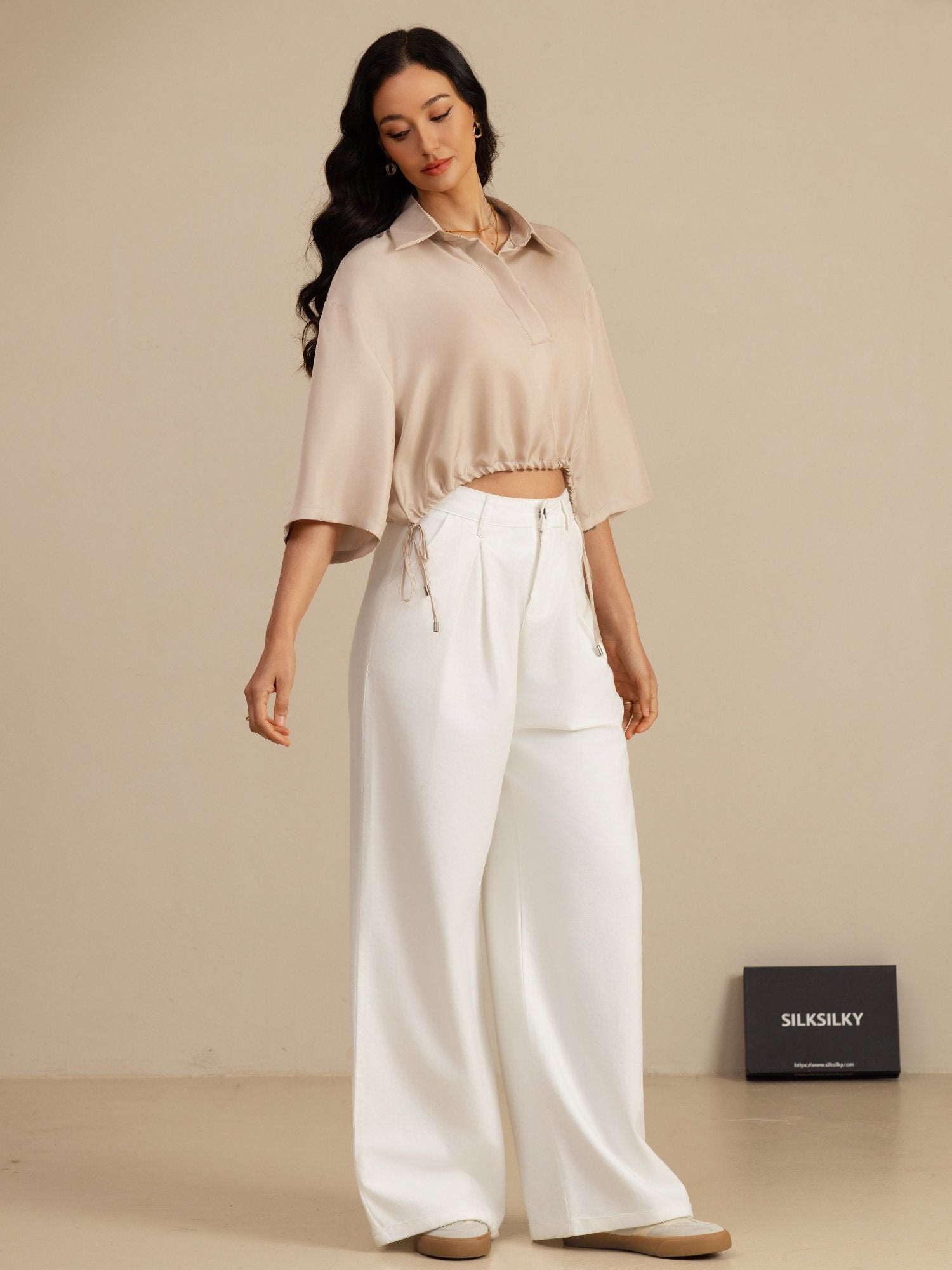 [Tan] SilkSilky-FI 18Momme Puolihiha Kauluskäänne Pusero 007