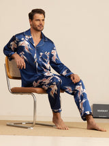 [Tummansininen] SilkSilky-FI Long Sleeve Notkokaulus Miesten Pyjamat 008