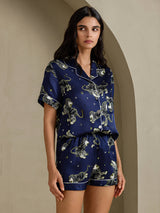 [Laivastonsininen Leijona] SilkSilky-FI Short Sleeve Notch Collar Naisten Pyjamat 004