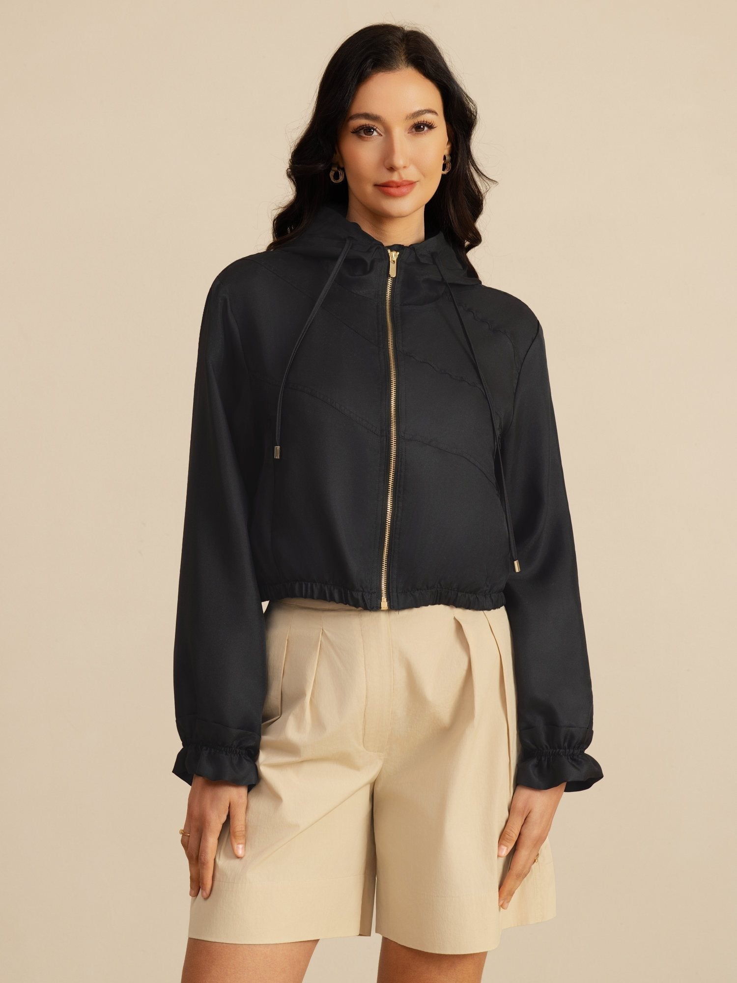 [Musta] SilkSilky-FI 18Momme Pitkähihainen Korkea Kaulus Naisten Päällysvaatteet 001