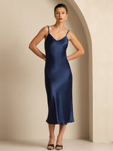 [Tummansininen] SilkSilky-FI Spaghetti Strap V Neck Mekko 003