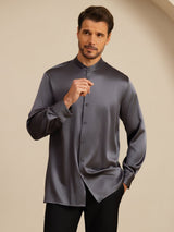 [Tumman Harmaa] SilkSilky-FI Long Sleeve Stand Collar Miesten Paita 004