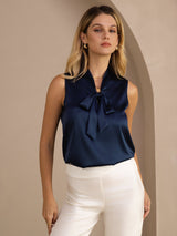 [Tummansininen] SilkSilky-FI Sleeveless Tie Neck Camisole Top 005