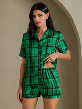 [Vihreä Ruudullinen] SilkSilky-FI Short Sleeve Notch Collar Naisten Pyjamat 004