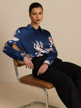 [Tummansininen] SilkSilky-FI Long Sleeve Lapel Collar Naisten paita 005