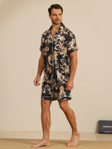 [Musta Lohikäärme] SilkSilky-FI Short Sleeve Notkokaulus Miesten Pyjamat 006