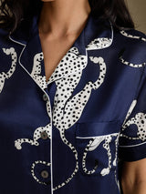 [Laivastonsininen Gepardi] SilkSilky-FI Short Sleeve Notch Collar Naisten Pyjamat 006