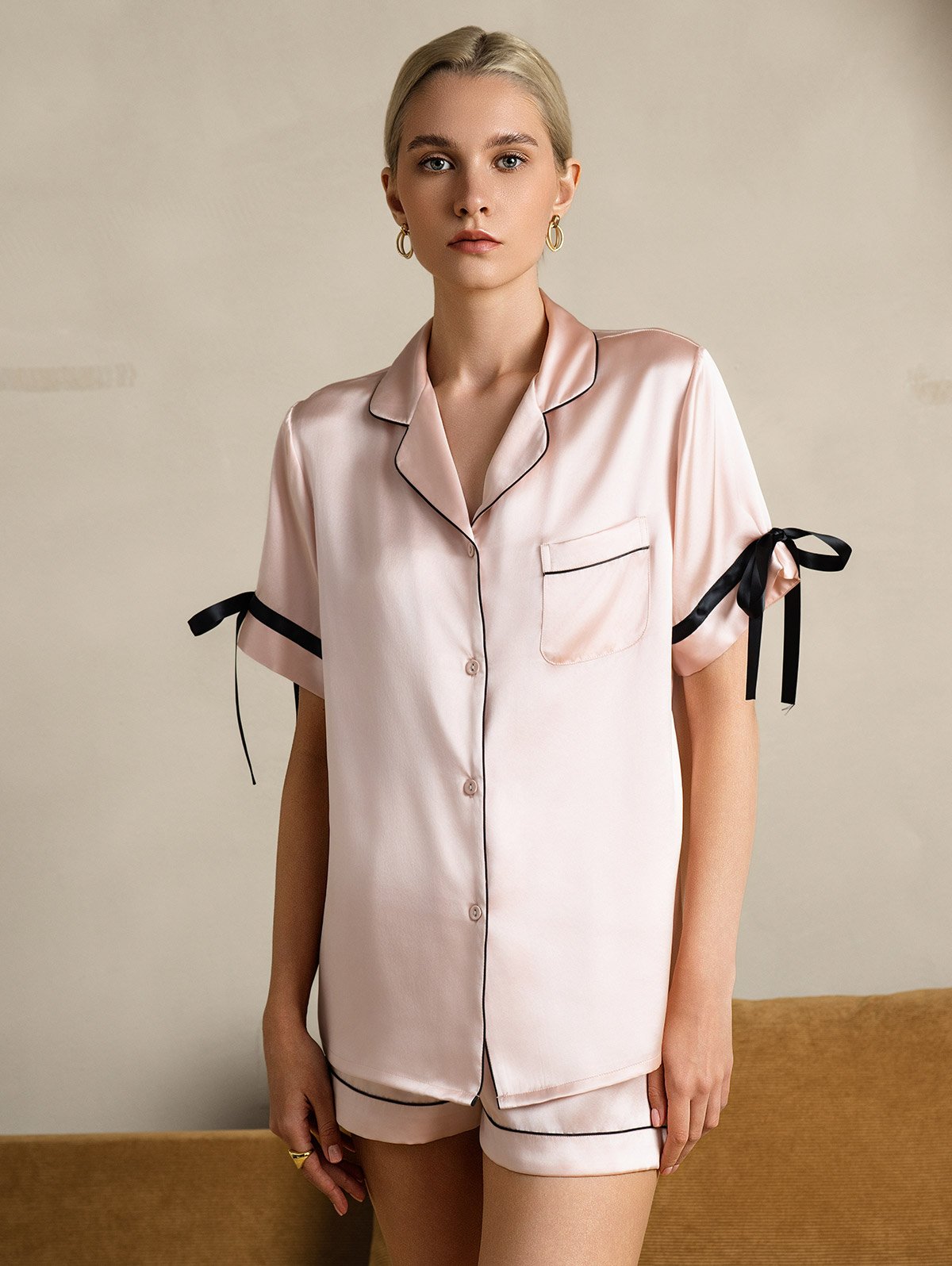 [Pinkki] SilkSilky-FI Pure Silk Short Sleeve Lapel Naisten Pyjamat 004