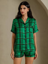 [Vihreä Ruudullinen] SilkSilky-FI Short Sleeve Notch Collar Naisten Pyjamat 001
