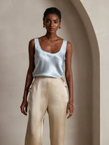 [Light Blue] SilkSilky  19Momme Stretch Silk Charmeuse Sleeveless Scoop Neck Camisole Top 005