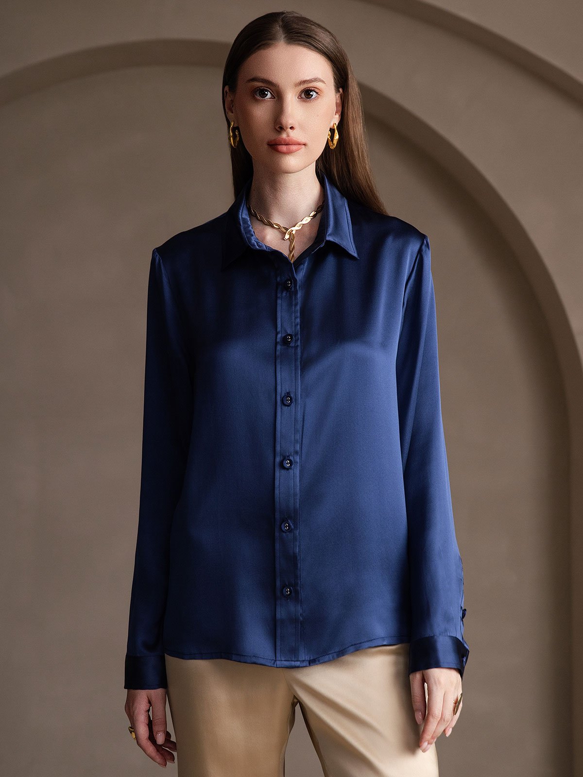 [Tummansininen] SilkSilky-FI 19Momme Silk Long Sleeve Collar Naisten paita 001