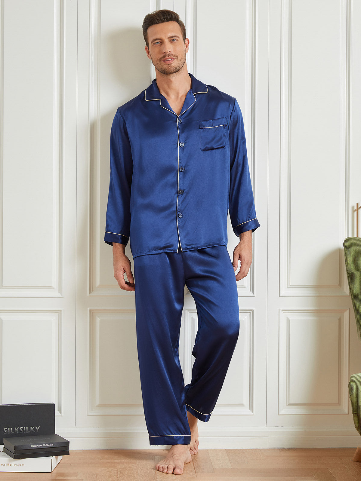 [Tummansininen] SilkSilky-FI 19Momme Mens Pajamas 004