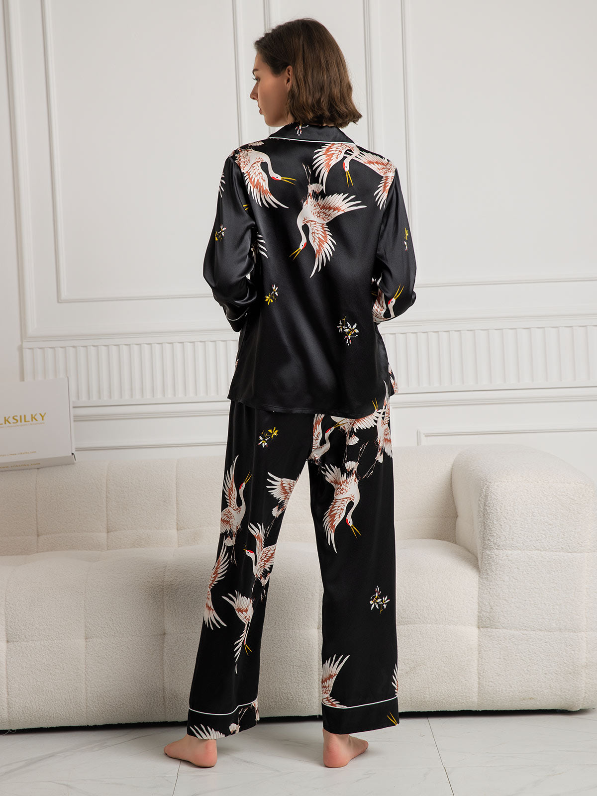 [Musta] SilkSilky-FI 19Momme Pure Silk Long Sleeve Lapel Naisten Pyjamat 002