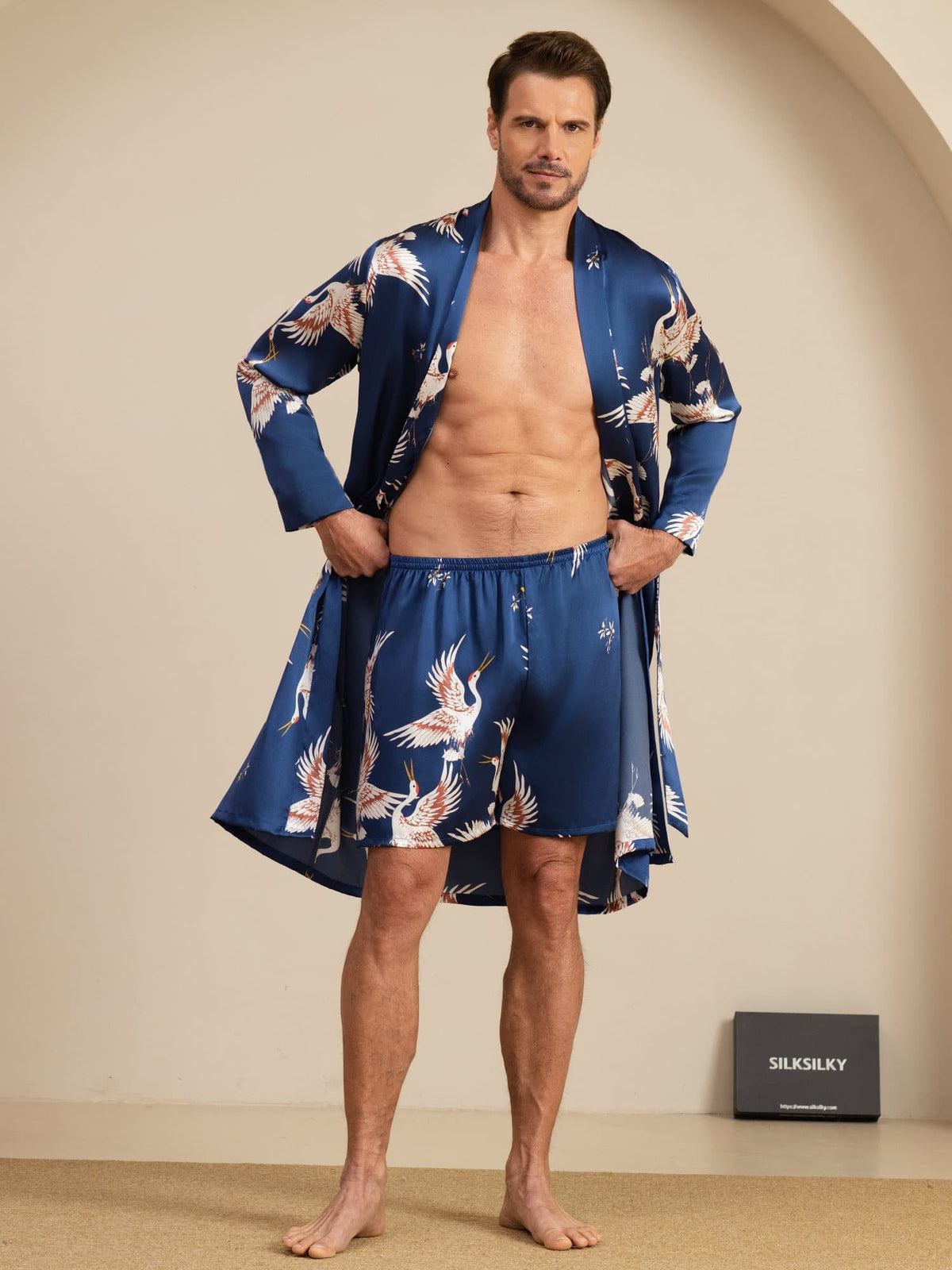 [Tummansininen] SilkSilky-FI 19Momme Long Sleeve Mens Pajamas 001