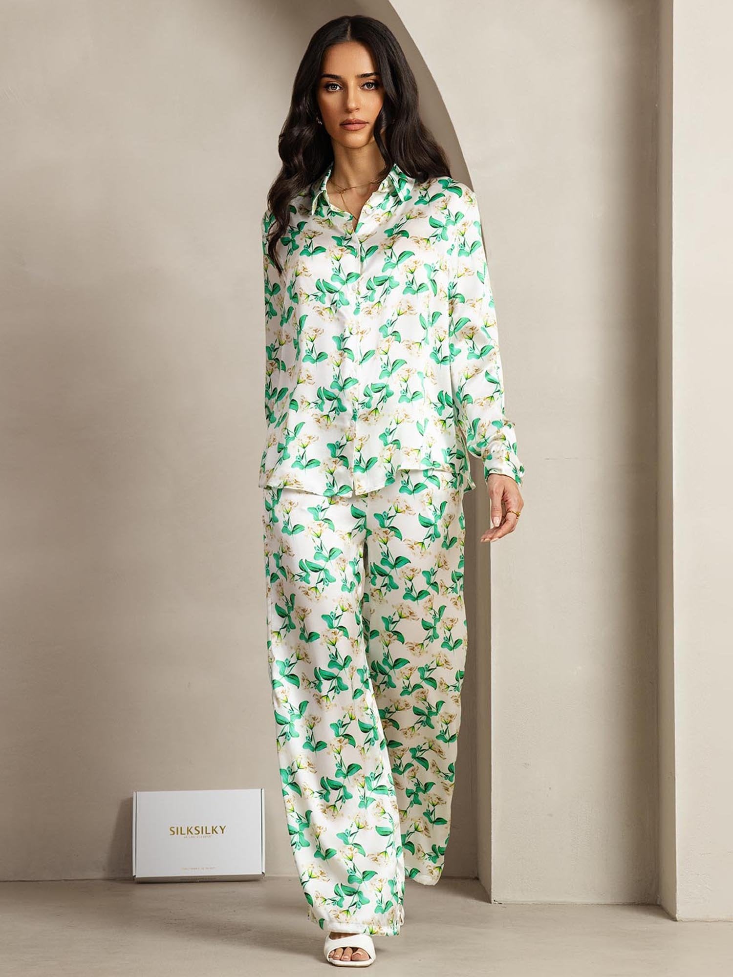 [VihreäKukka] SilkSilky-FI 19Momme Lapel Collar Women''s Outfit Sets 002