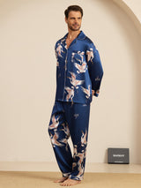 [Tummansininen] SilkSilky-FI Long Sleeve Notkokaulus Miesten Pyjamat 005