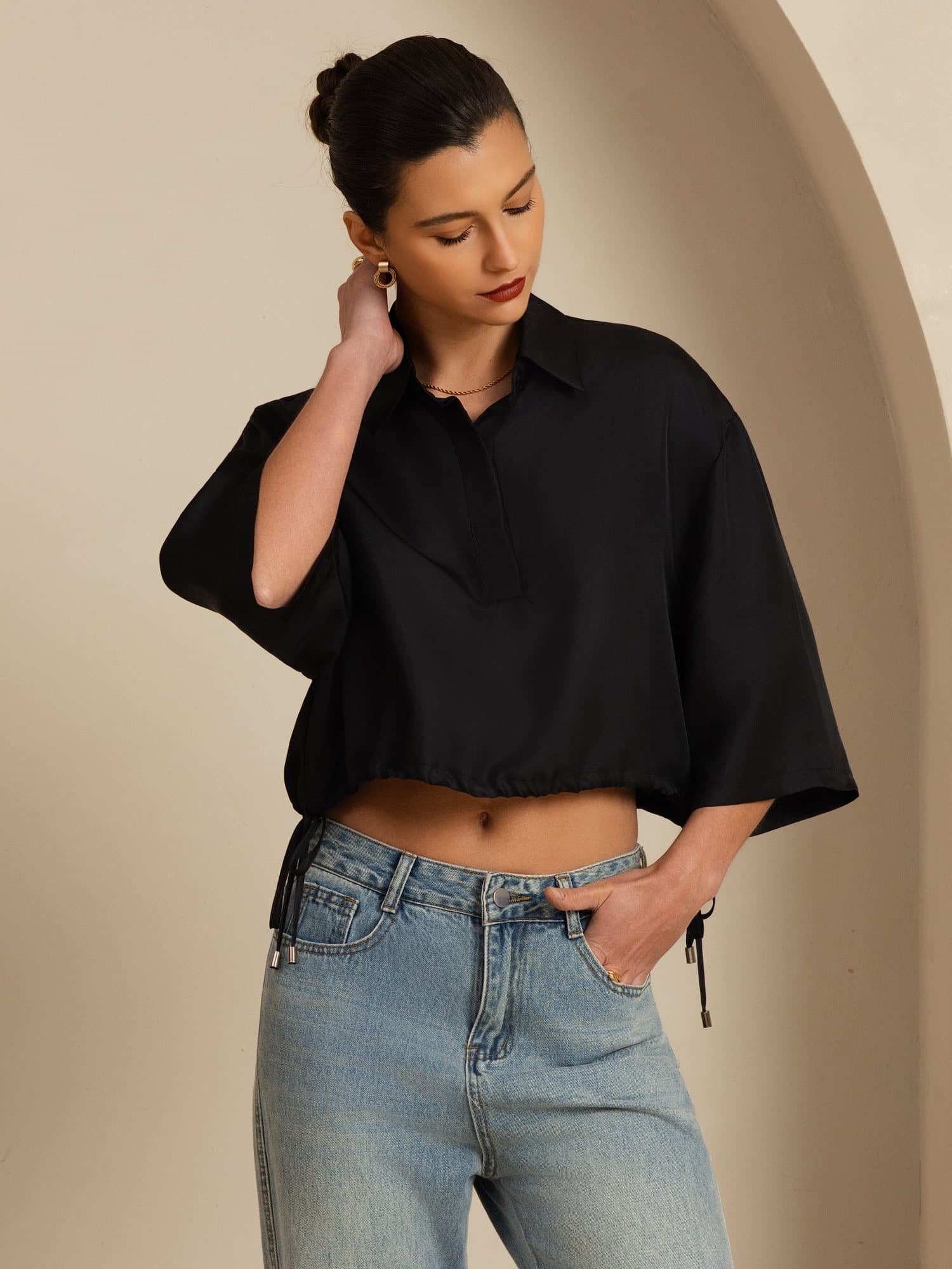 [Musta] SilkSilky-FI 18Momme Puolihiha Kauluskäänne Pusero 005