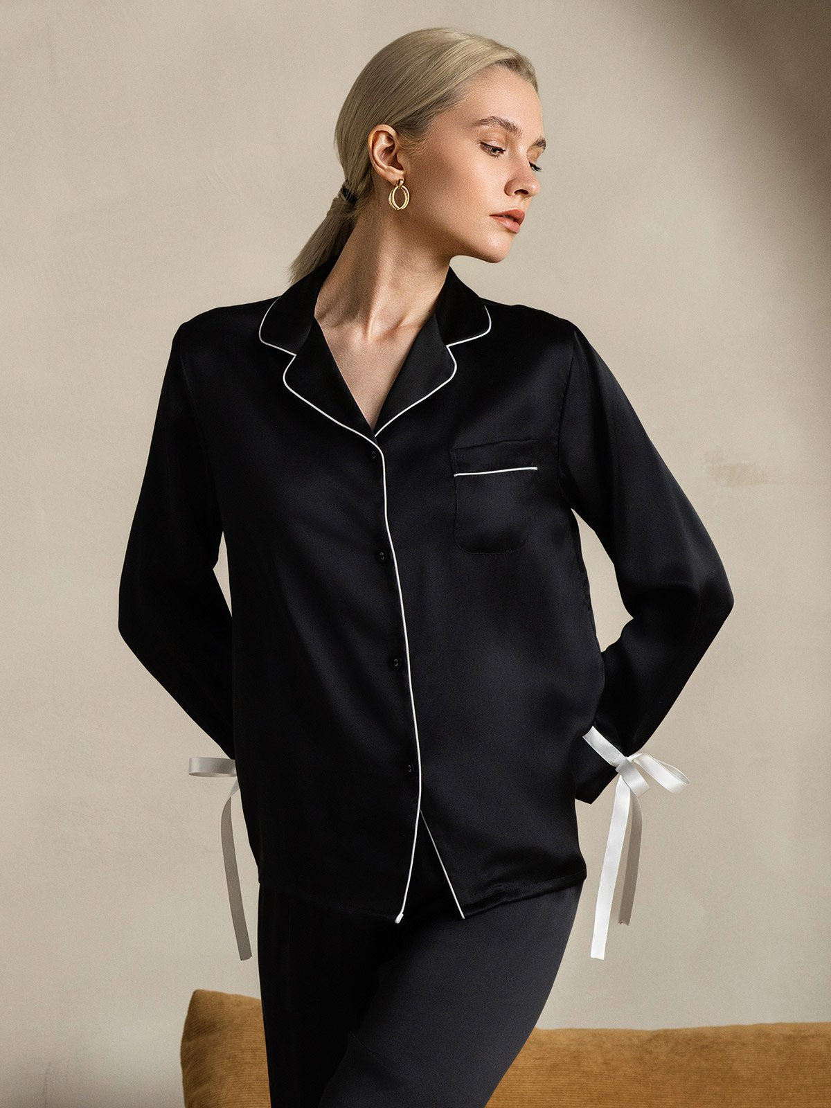 [Musta] SilkSilky-FI Pure Silk Long Sleeve Lapel Naisten Pyjamat 005