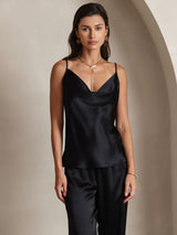[Musta] SilkSilky-FI Spaghetti Strap Cowl Neck Camisole Top 005